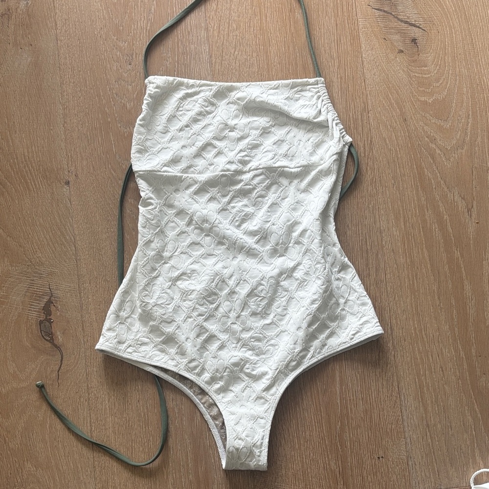 Women’s Cream Textured One-Piece Swimsuit with Olive Straps